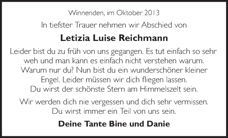  Traueranzeige für Letizia Reichmann vom 04.10.2013 aus Waiblinger Kreiszeitung