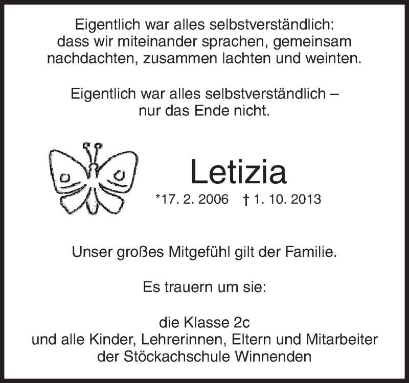  Traueranzeige für Letizia Reichmann vom 04.10.2013 aus Waiblinger Kreiszeitung
