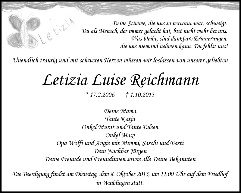  Traueranzeige für Letizia Reichmann vom 04.10.2013 aus Waiblinger Kreiszeitung
