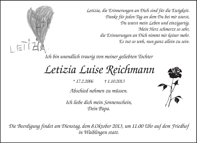  Traueranzeige für Letizia Reichmann vom 05.10.2013 aus Waiblinger Kreiszeitung