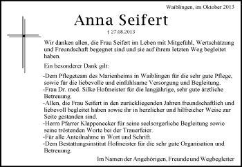 Traueranzeige von Anna Seifert von Waiblinger Kreiszeitung
