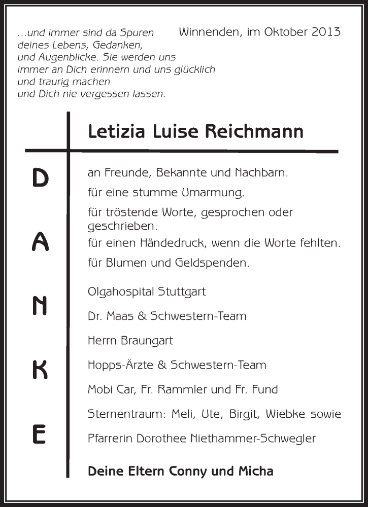  Traueranzeige für Letizia Reichmann vom 18.10.2013 aus Waiblinger Kreiszeitung