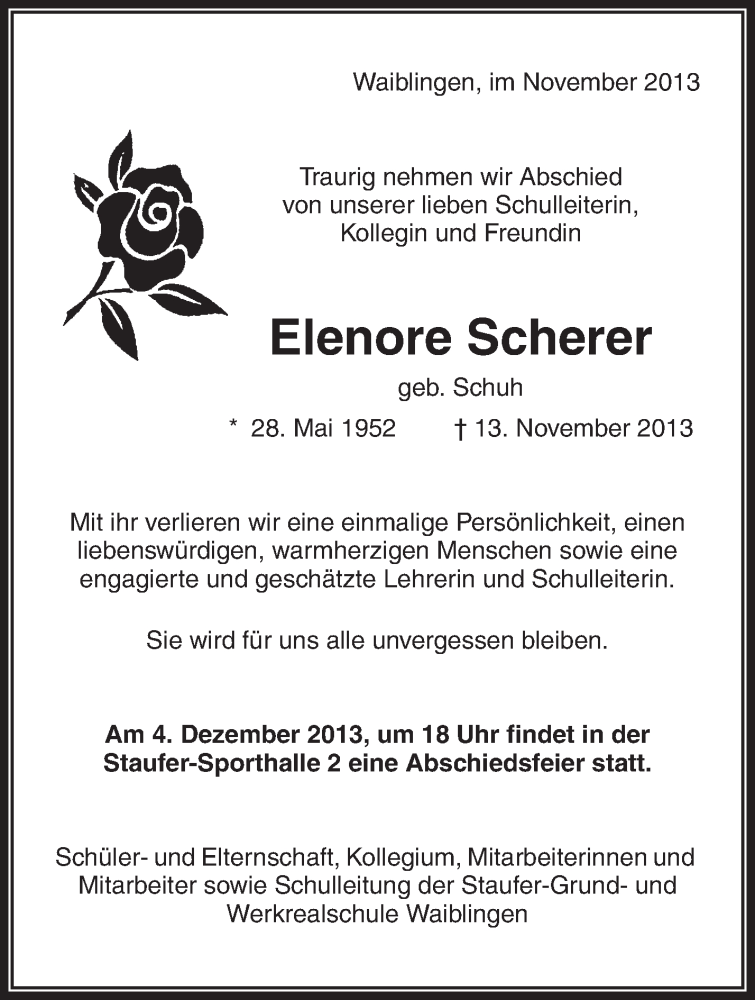  Traueranzeige für Elenore Scherer vom 27.11.2013 aus Waiblinger Kreiszeitung