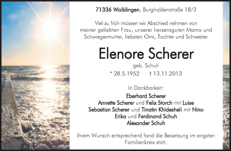  Traueranzeige für Elenore Scherer vom 26.11.2013 aus Waiblinger Kreiszeitung