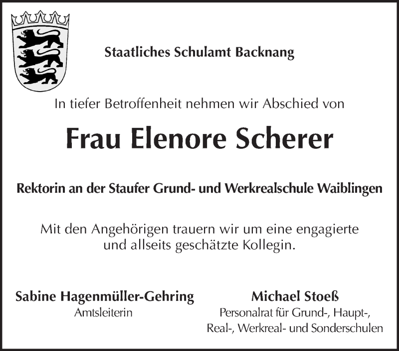  Traueranzeige für Elenore Scherer vom 27.11.2013 aus Waiblinger Kreiszeitung