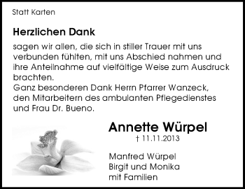 Traueranzeige von Annette Würpel von Waiblinger Kreiszeitung