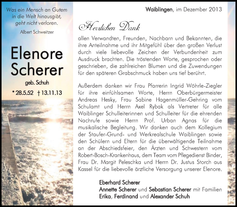  Traueranzeige für Elenore Scherer vom 20.12.2013 aus Waiblinger Kreiszeitung