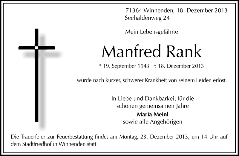  Traueranzeige für Manfred Rank vom 21.12.2013 aus Waiblinger Kreiszeitung
