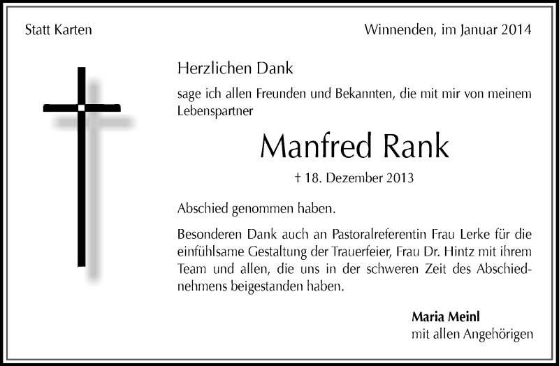  Traueranzeige für Manfred Rank vom 11.01.2014 aus Waiblinger Kreiszeitung