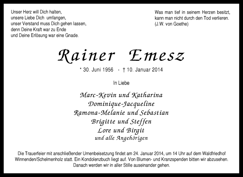 Traueranzeige für Rainer Emesz vom 18.01.2014 aus Waiblinger Kreiszeitung