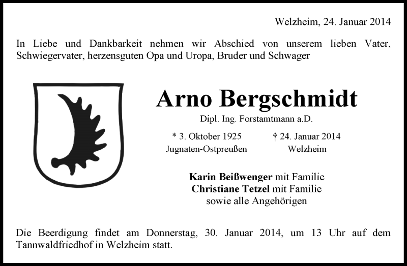  Traueranzeige für Arno Bergschmidt vom 28.01.2014 aus Waiblinger Kreiszeitung
