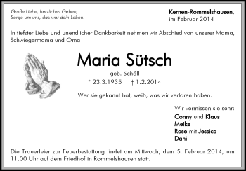 Traueranzeige von Maria Sütsch von Waiblinger Kreiszeitung