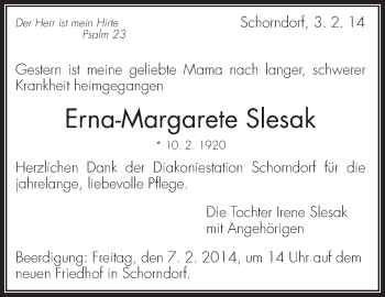 Traueranzeige von Erna Slesak von Waiblinger Kreiszeitung