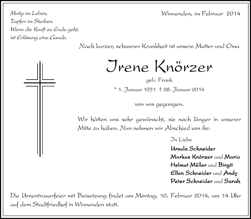  Traueranzeige für Irene Knörzer vom 05.02.2014 aus Waiblinger Kreiszeitung