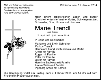 Traueranzeige von Marie Trendl von Waiblinger Kreiszeitung