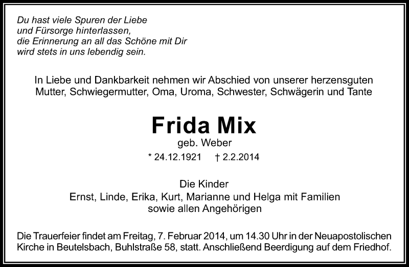  Traueranzeige für Frida Mix vom 05.02.2014 aus Waiblinger Kreiszeitung