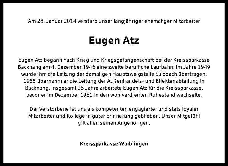  Traueranzeige für Eugen Atz vom 07.02.2014 aus Waiblinger Kreiszeitung