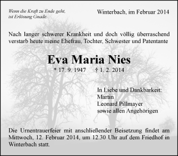 Traueranzeige von Eva Maria Nies von Waiblinger Kreiszeitung