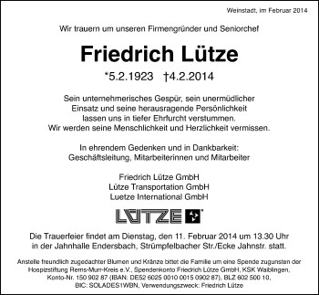 Traueranzeige von Friedrich Lütze von Waiblinger Kreiszeitung