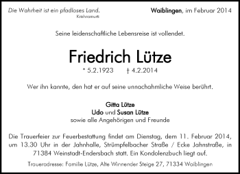 Traueranzeige von Friedrich Lütze von Waiblinger Kreiszeitung
