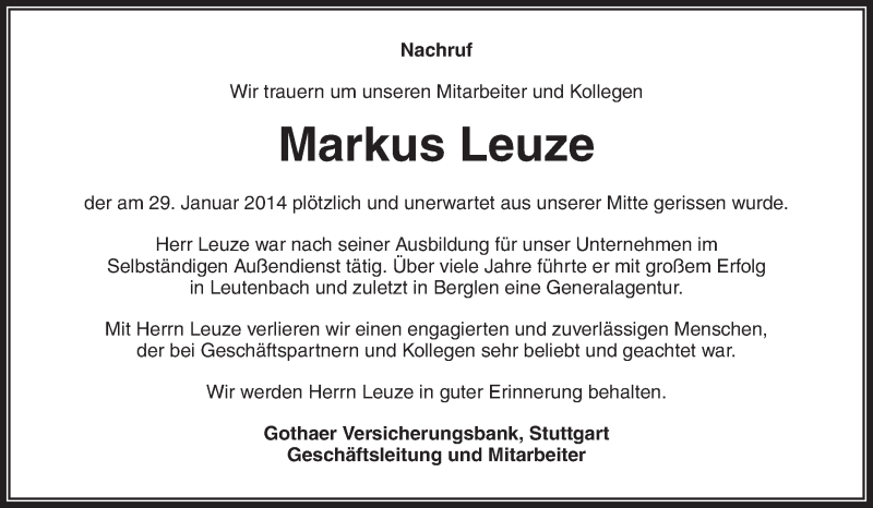  Traueranzeige für Markus Leuze vom 08.02.2014 aus Waiblinger Kreiszeitung