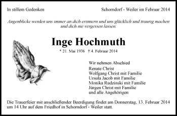 Traueranzeige von Inge Hochmuth von Waiblinger Kreiszeitung