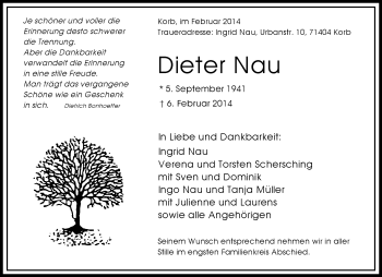 Traueranzeige von Dieter Nau von Waiblinger Kreiszeitung