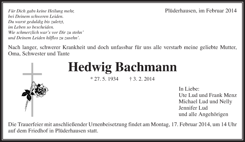  Traueranzeige für Hedwig Bachmann vom 08.02.2014 aus Waiblinger Kreiszeitung