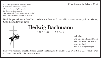 Traueranzeige von Hedwig Bachmann von Waiblinger Kreiszeitung