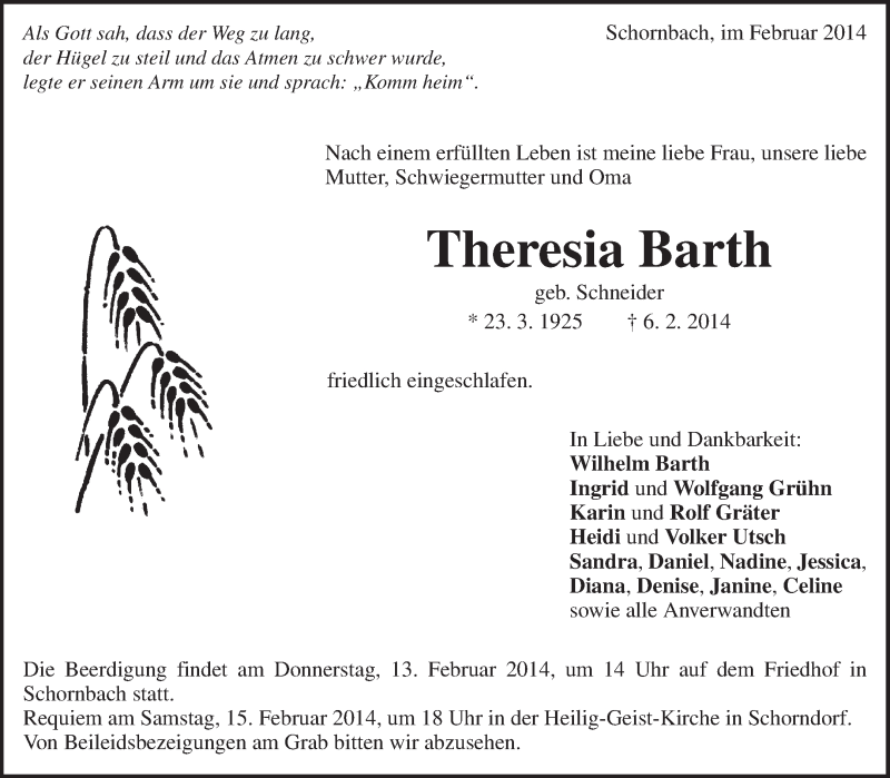  Traueranzeige für Theresia Barth vom 08.02.2014 aus Waiblinger Kreiszeitung
