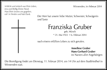 Traueranzeige von Franziska Gruber von Waiblinger Kreiszeitung