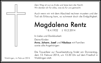 Traueranzeige von Magdalena Rentz von Waiblinger Kreiszeitung