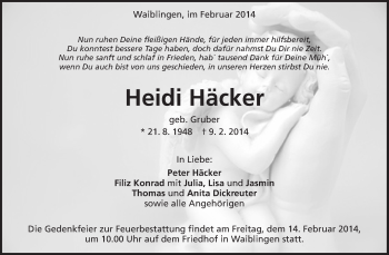 Traueranzeige von Heidi Häcker von Waiblinger Kreiszeitung