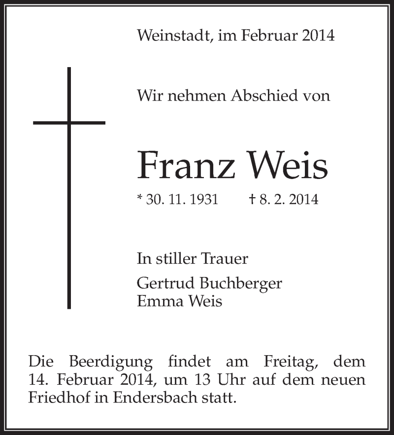  Traueranzeige für Franz Weis vom 12.02.2014 aus Waiblinger Kreiszeitung