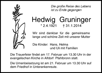Traueranzeige von Hedwig Gruninger von Waiblinger Kreiszeitung