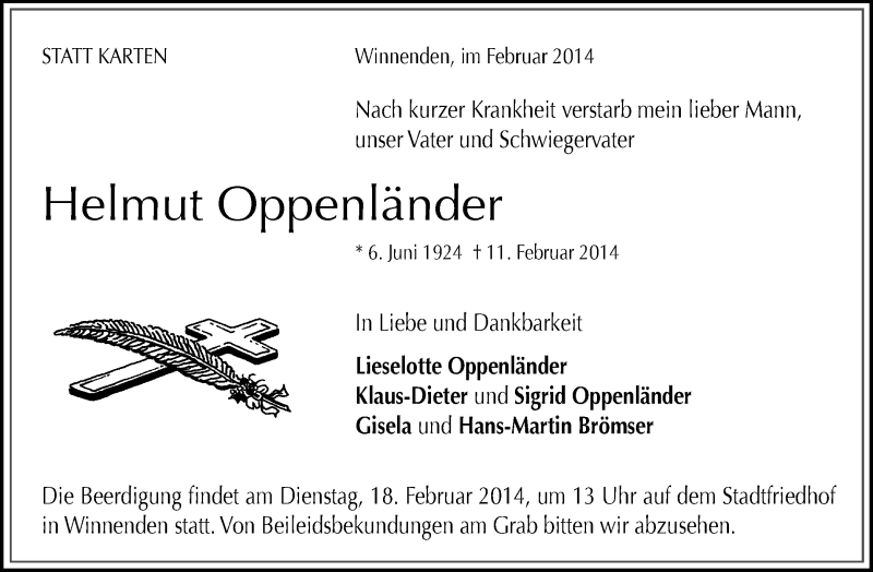  Traueranzeige für Helmut Oppenländer vom 13.02.2014 aus Waiblinger Kreiszeitung