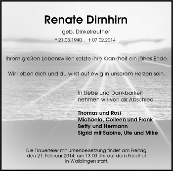 Traueranzeige von Renate Dirnhirn von Waiblinger Kreiszeitung