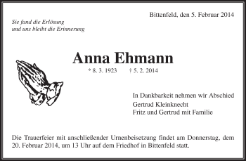 Traueranzeige von Anna Ehmann von Waiblinger Kreiszeitung