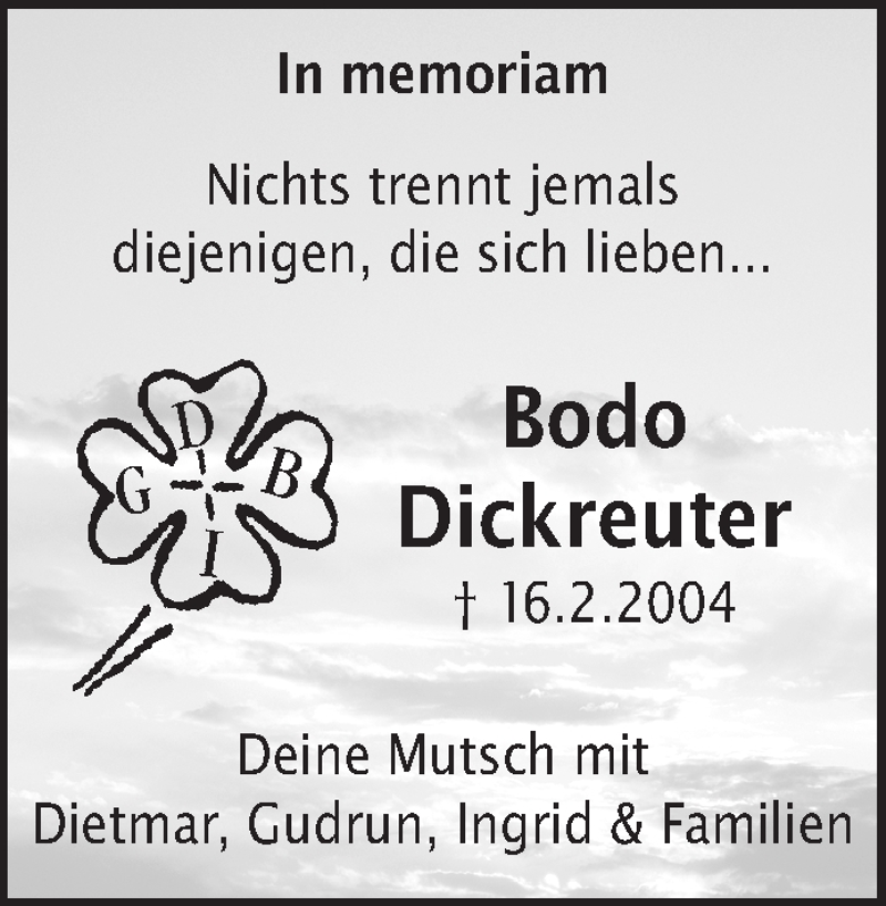  Traueranzeige für Bodo Dickreuter vom 15.02.2014 aus Waiblinger Kreiszeitung
