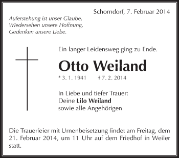 Traueranzeige von Otto Weiland von Waiblinger Kreiszeitung