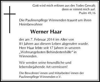 Traueranzeige von Werner Haar von Waiblinger Kreiszeitung
