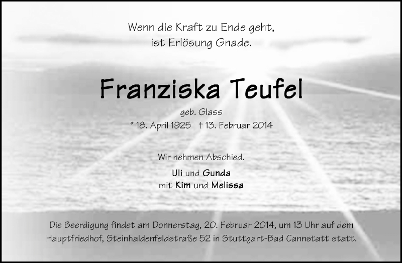  Traueranzeige für Franziska Teufel vom 15.02.2014 aus Waiblinger Kreiszeitung