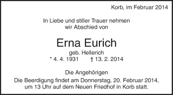 Traueranzeige von Erna Eurich von Waiblinger Kreiszeitung