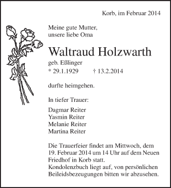 Traueranzeige von Waltraud Holzwarth von Waiblinger Kreiszeitung