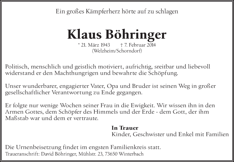 Traueranzeige für Klaus Böhringer vom 18.02.2014 aus Waiblinger Kreiszeitung