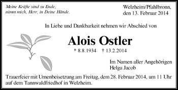 Traueranzeige von Alois Ostler von Waiblinger Kreiszeitung