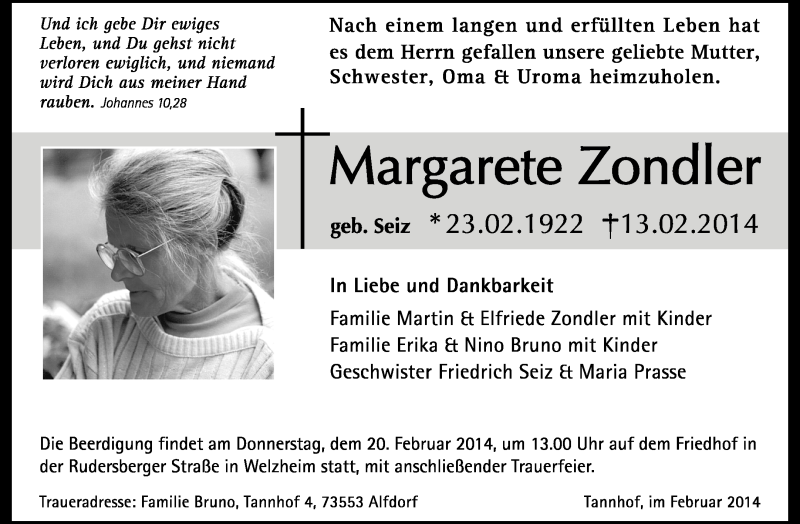  Traueranzeige für Margarete Zondler vom 18.02.2014 aus Waiblinger Kreiszeitung