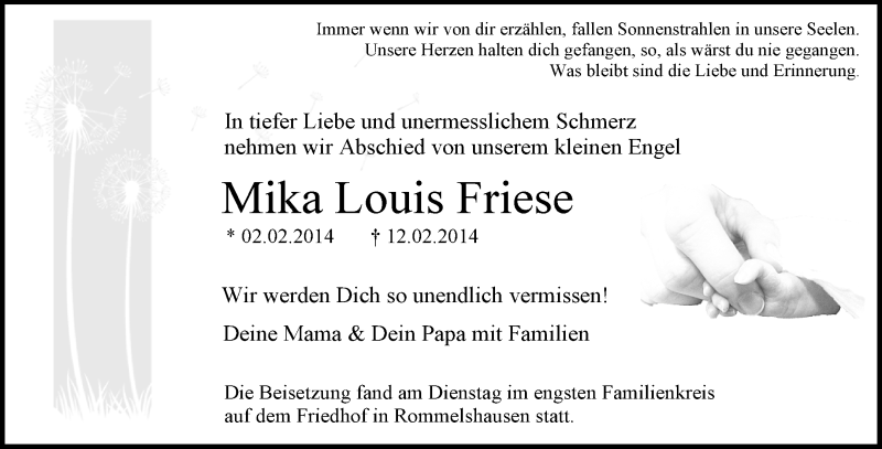  Traueranzeige für Mika Louis Friese vom 19.02.2014 aus Waiblinger Kreiszeitung