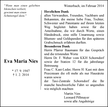 Traueranzeige von Eva Maria Nies von Waiblinger Kreiszeitung