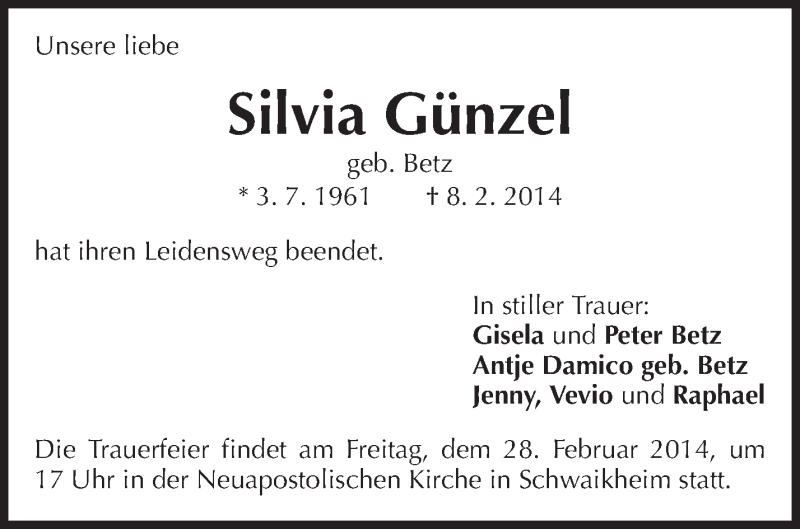  Traueranzeige für Silvia Günzel vom 19.02.2014 aus Waiblinger Kreiszeitung